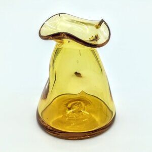 Handmade Amber Yellow Glass Fluted Rim Pinched Bud Vase